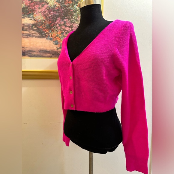 NWT J CREW CASHMERE Featherweight Shrunken Cardigan Sweater Neon Fushia Medium - Picture 7 of 8